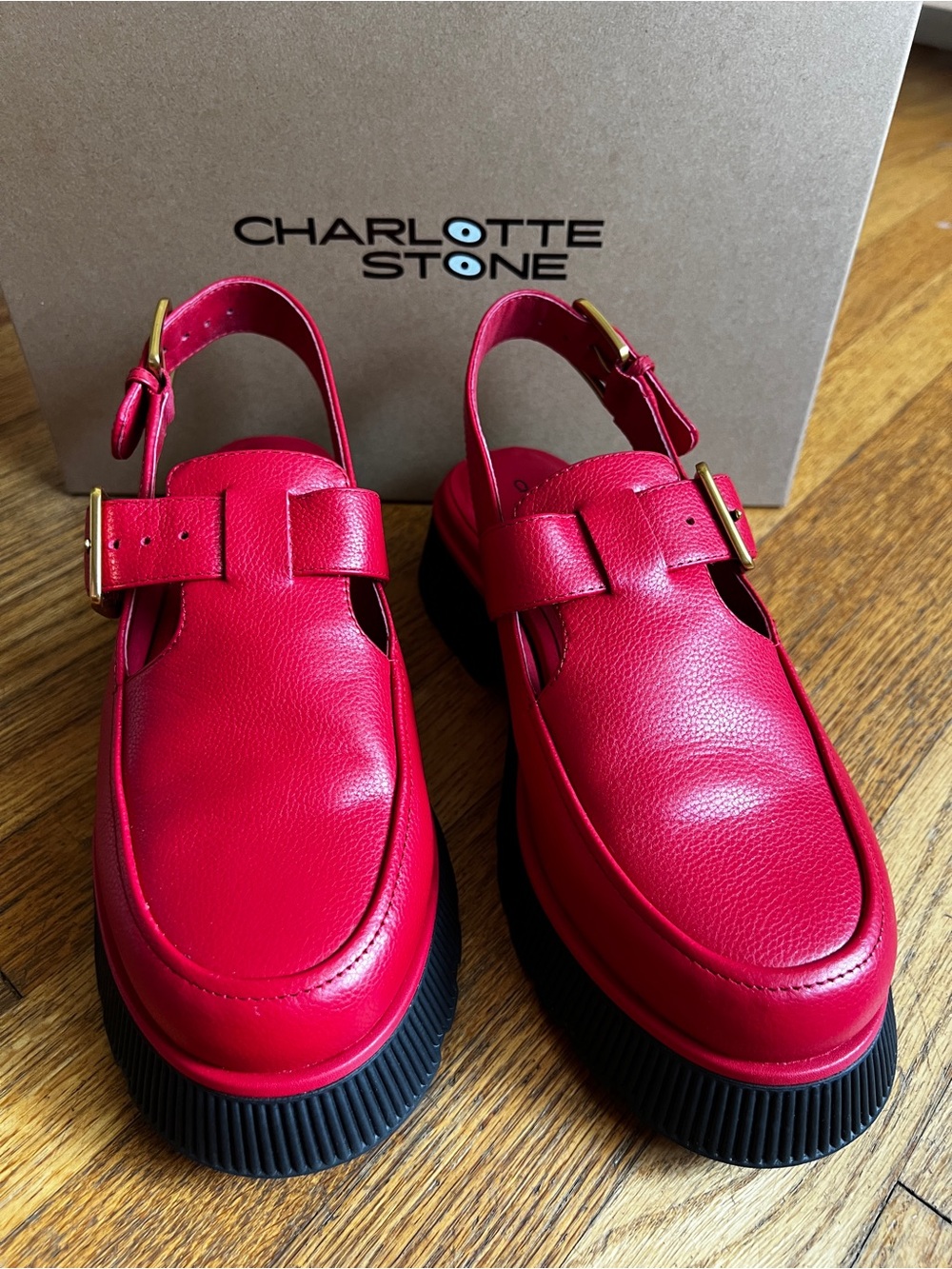 Charlotte Stone Carlos Red (Swell) Slingback Loafers with Gold Buckles -